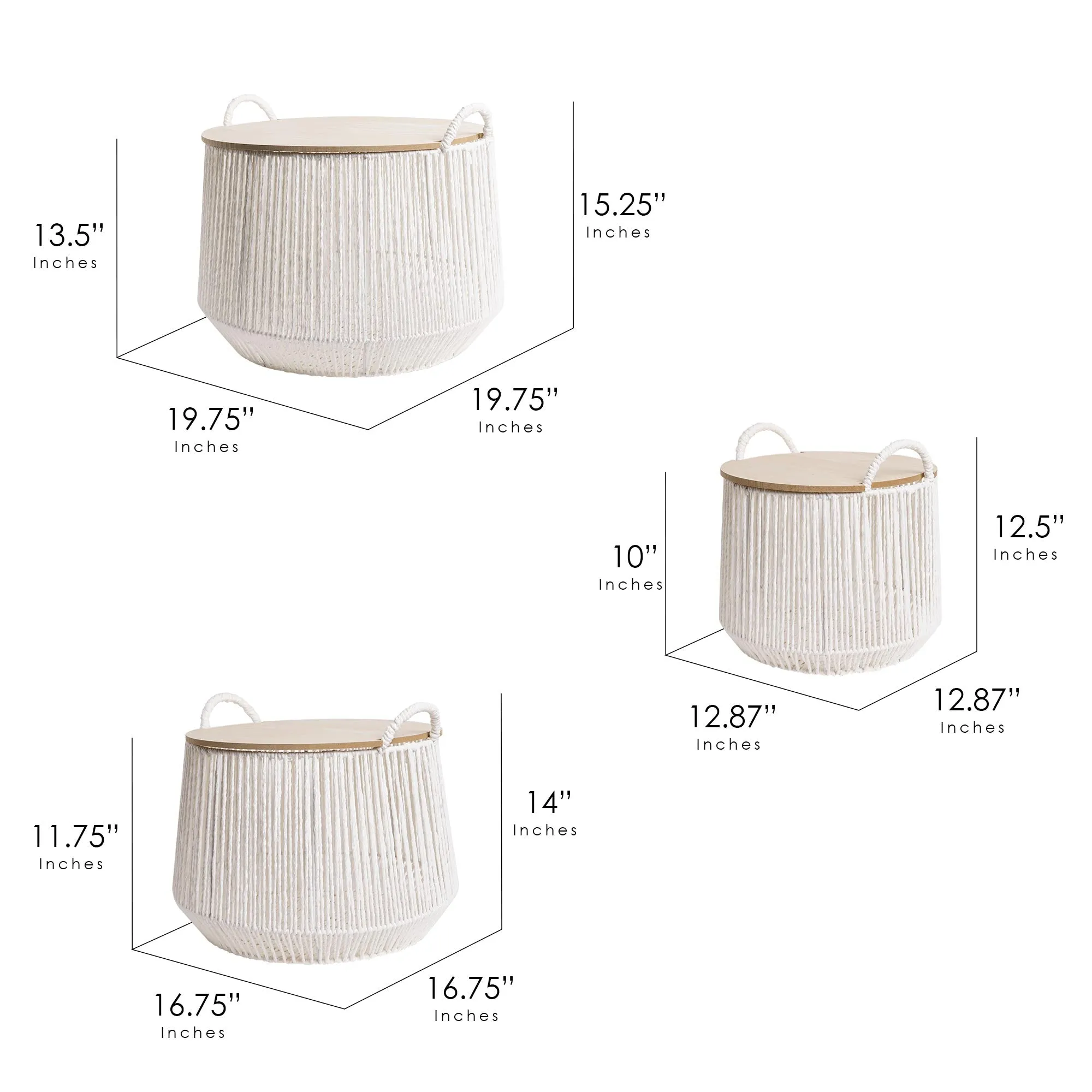 Boho White and Natural Paper Rope Woven Storage Baskets with Wooden Lids Set of 3