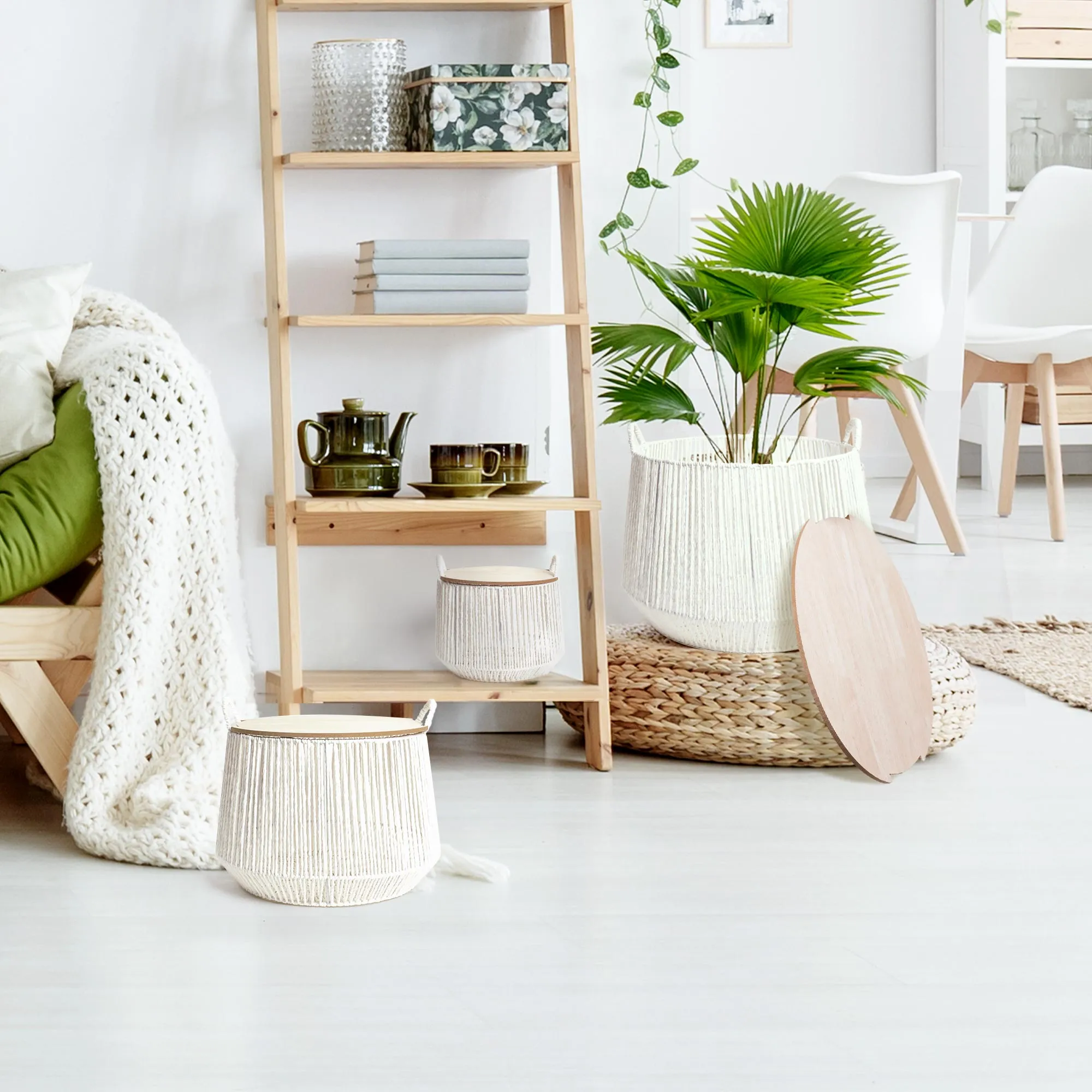 Boho White and Natural Paper Rope Woven Storage Baskets with Wooden Lids Set of 3