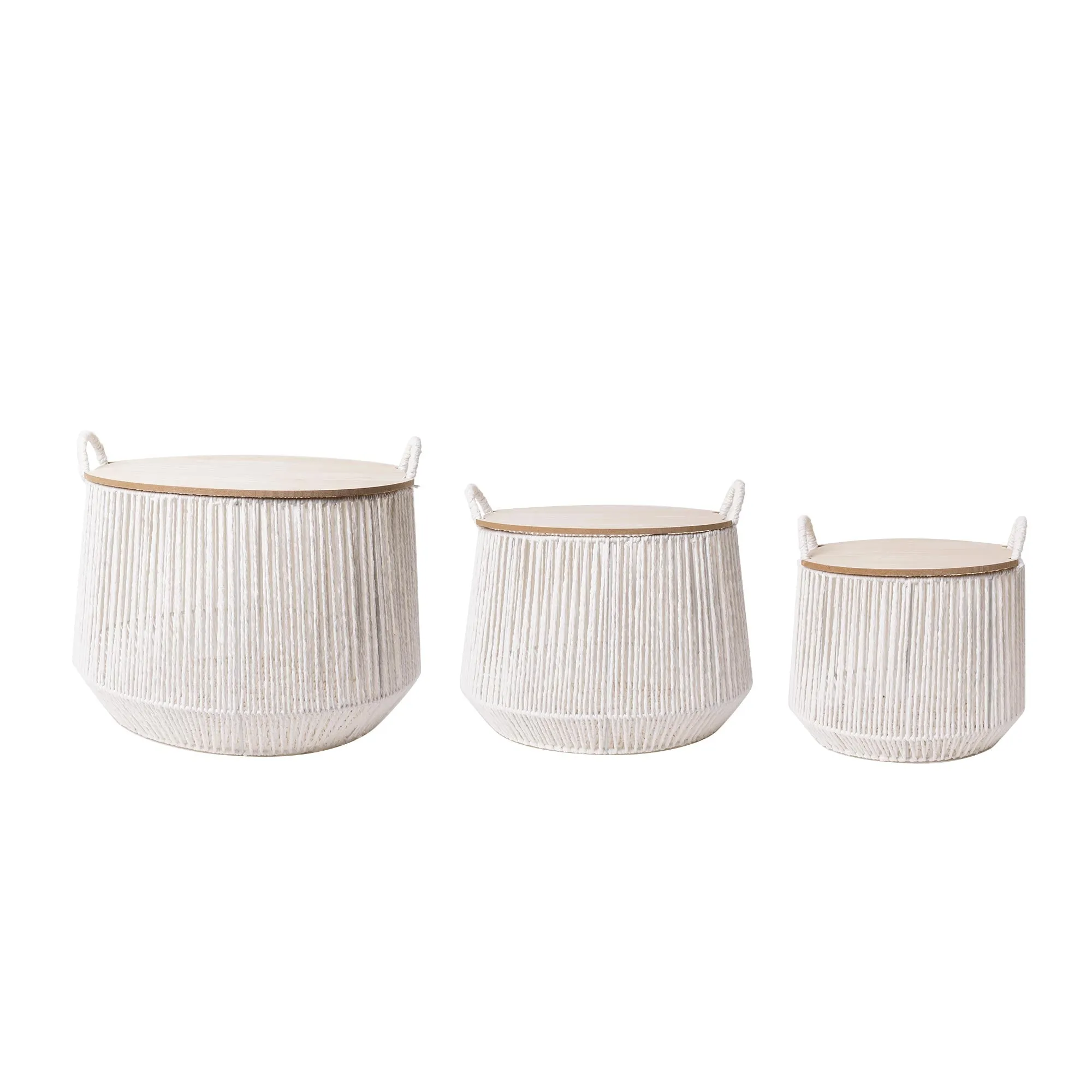 Boho White and Natural Paper Rope Woven Storage Baskets with Wooden Lids Set of 3