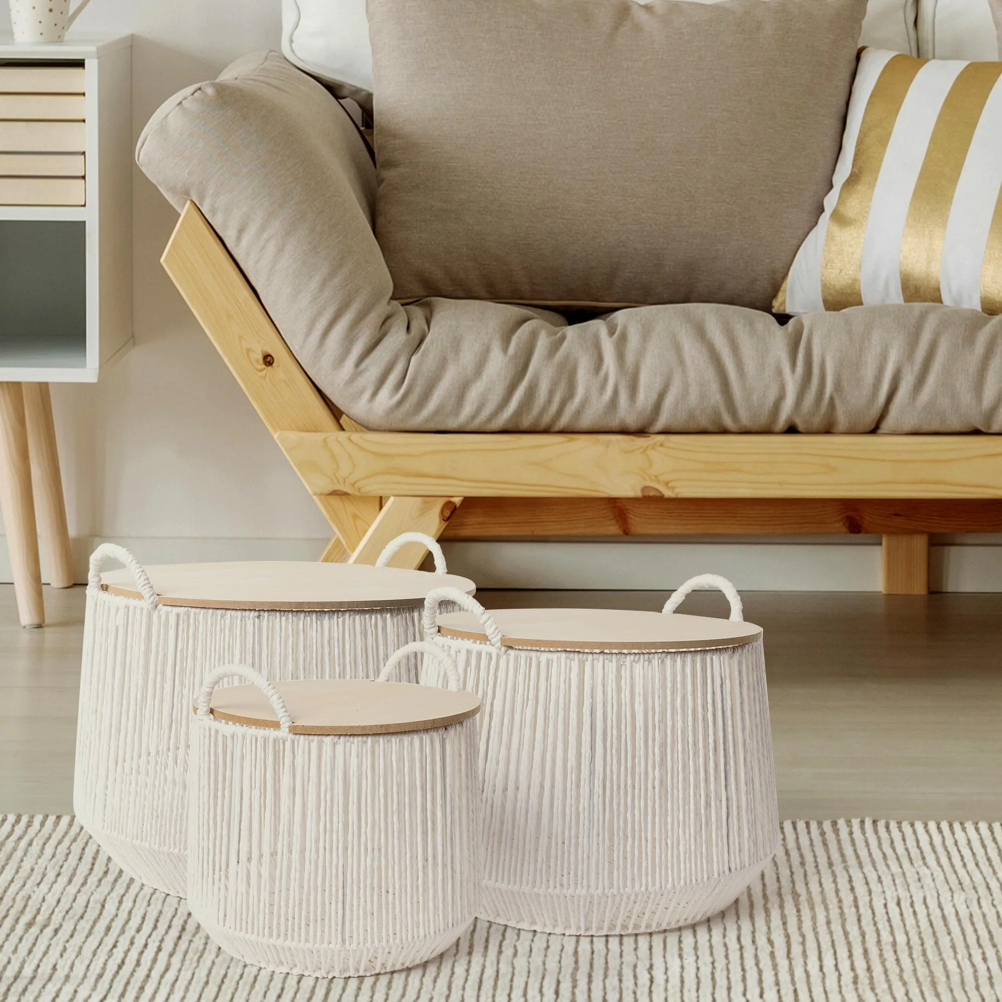 Boho White and Natural Paper Rope Woven Storage Baskets with Wooden Lids Set of 3