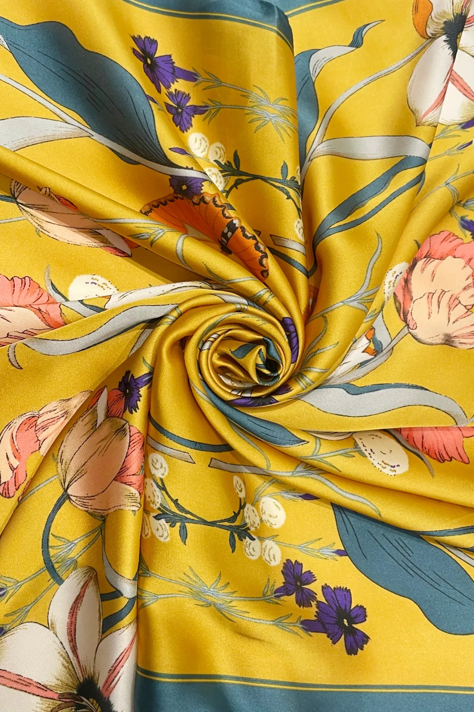 Botanical Butterfly Print Square Scarf - Mustard