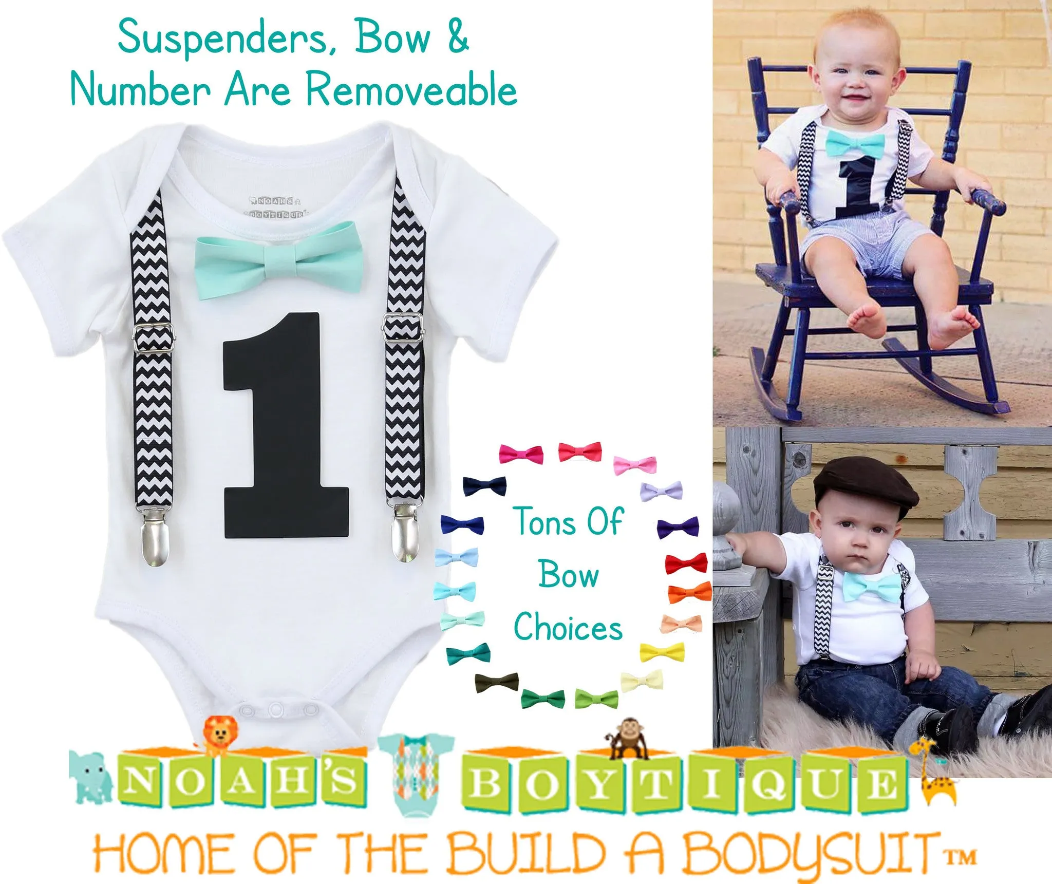 Boys First Birthday Outfit Black Chevron Mint Bow Tie - 1st Birthday