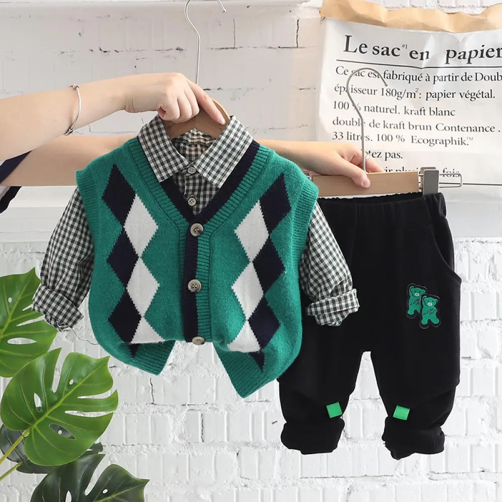 Boys Spring Autumn Plaid T-shirt And Vest Pants 3 PCS Boy Wholesale Clothing