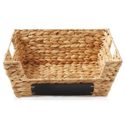 Casafield (Set of 2) Water Hyacinth Pantry Baskets with Handles and Chalkboard Labels - Natural, Wide Woven Storage Baskets for Kitchen Shelves