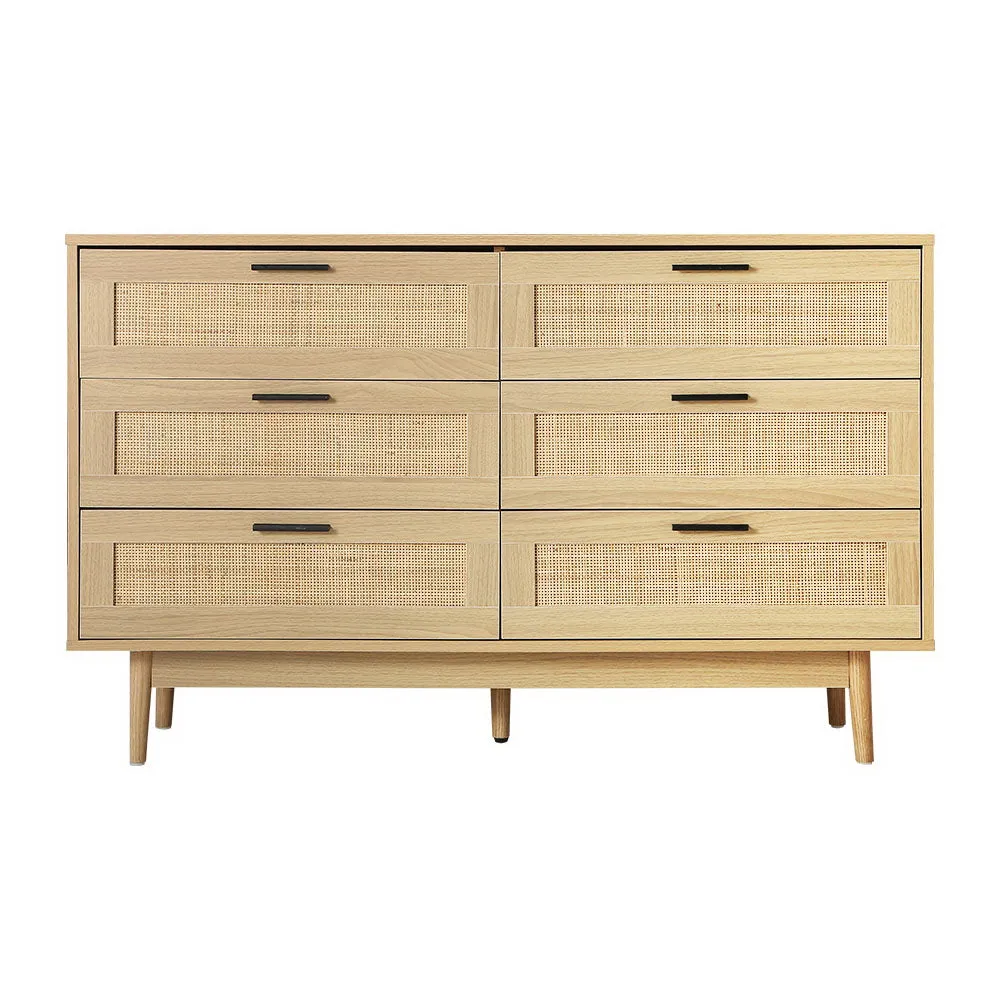 Chest of 6 Drawers Lowboy Cabinet Bedroom Storage Rattan Wood