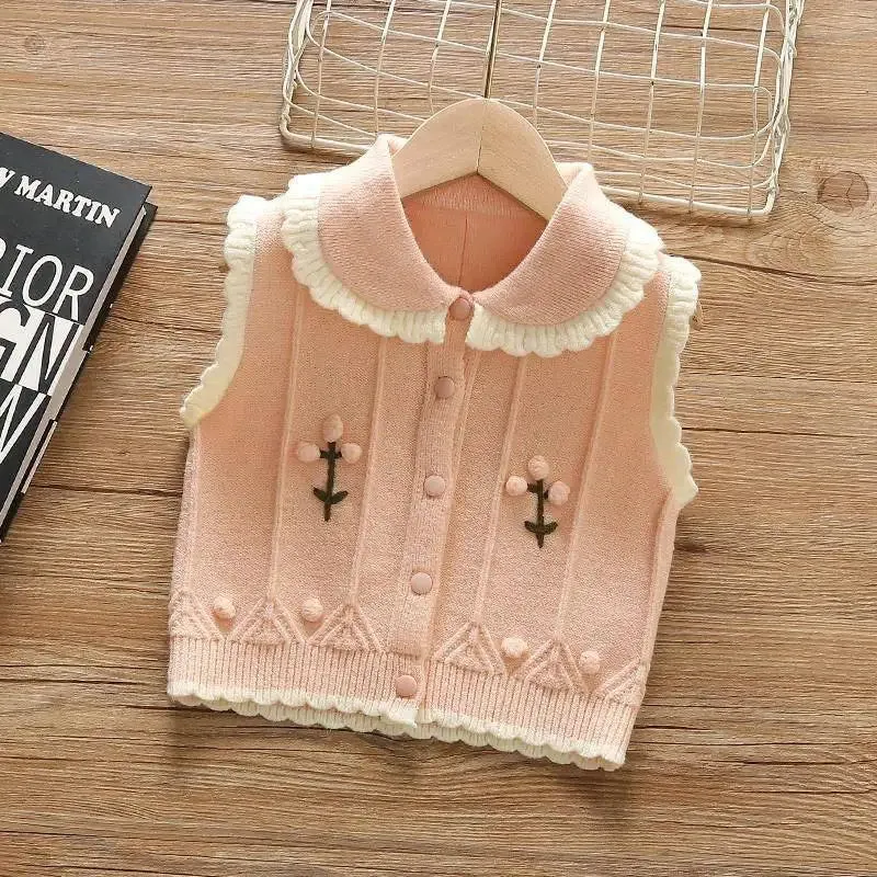 Children's Knitted Flower Vest, Cardigan, Lace, Sweet, Lovely, Baby, Spring, Autumn, Korean Style, Outer, New, 2024