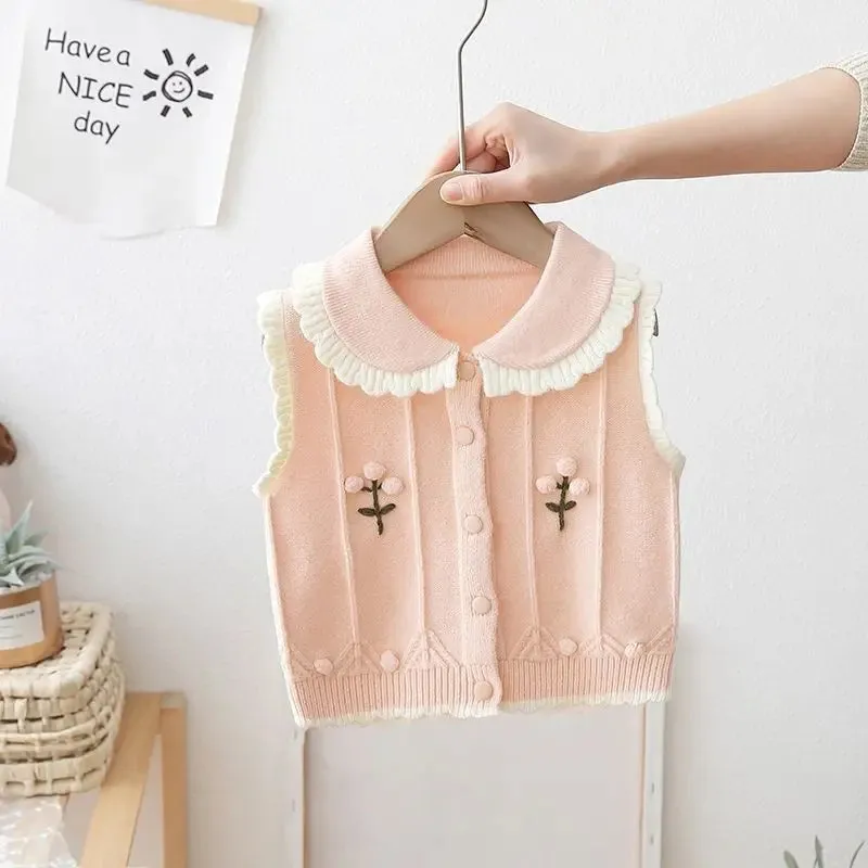 Children's Knitted Flower Vest, Cardigan, Lace, Sweet, Lovely, Baby, Spring, Autumn, Korean Style, Outer, New, 2024