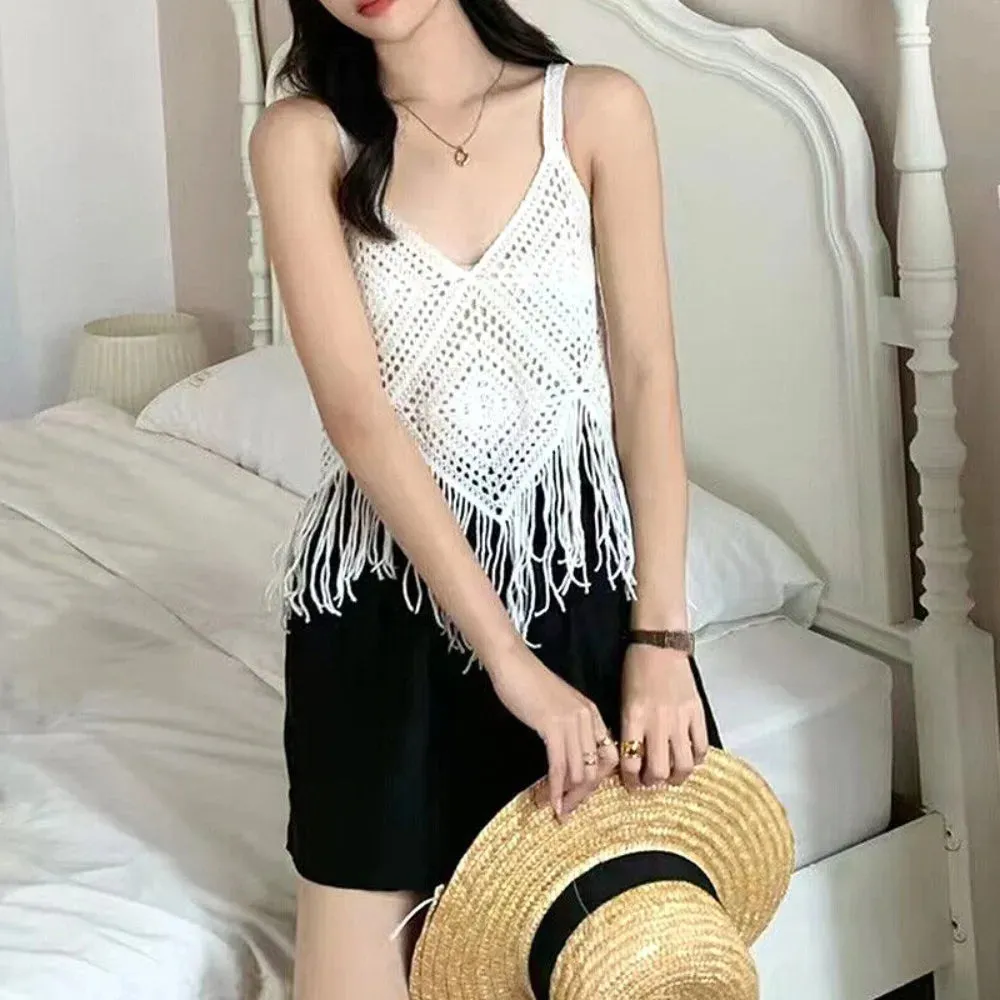 Cotton Crochet Camisole Exquisite Knitted Boho Crochet Tops Tassel Tank Women