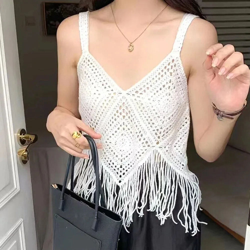 Cotton Crochet Camisole Exquisite Knitted Boho Crochet Tops Tassel Tank Women