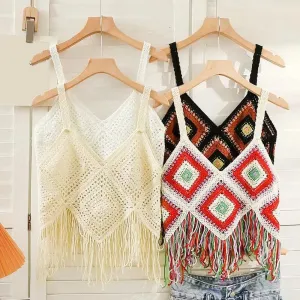 Cotton Crochet Camisole Exquisite Knitted Boho Crochet Tops Tassel Tank Women