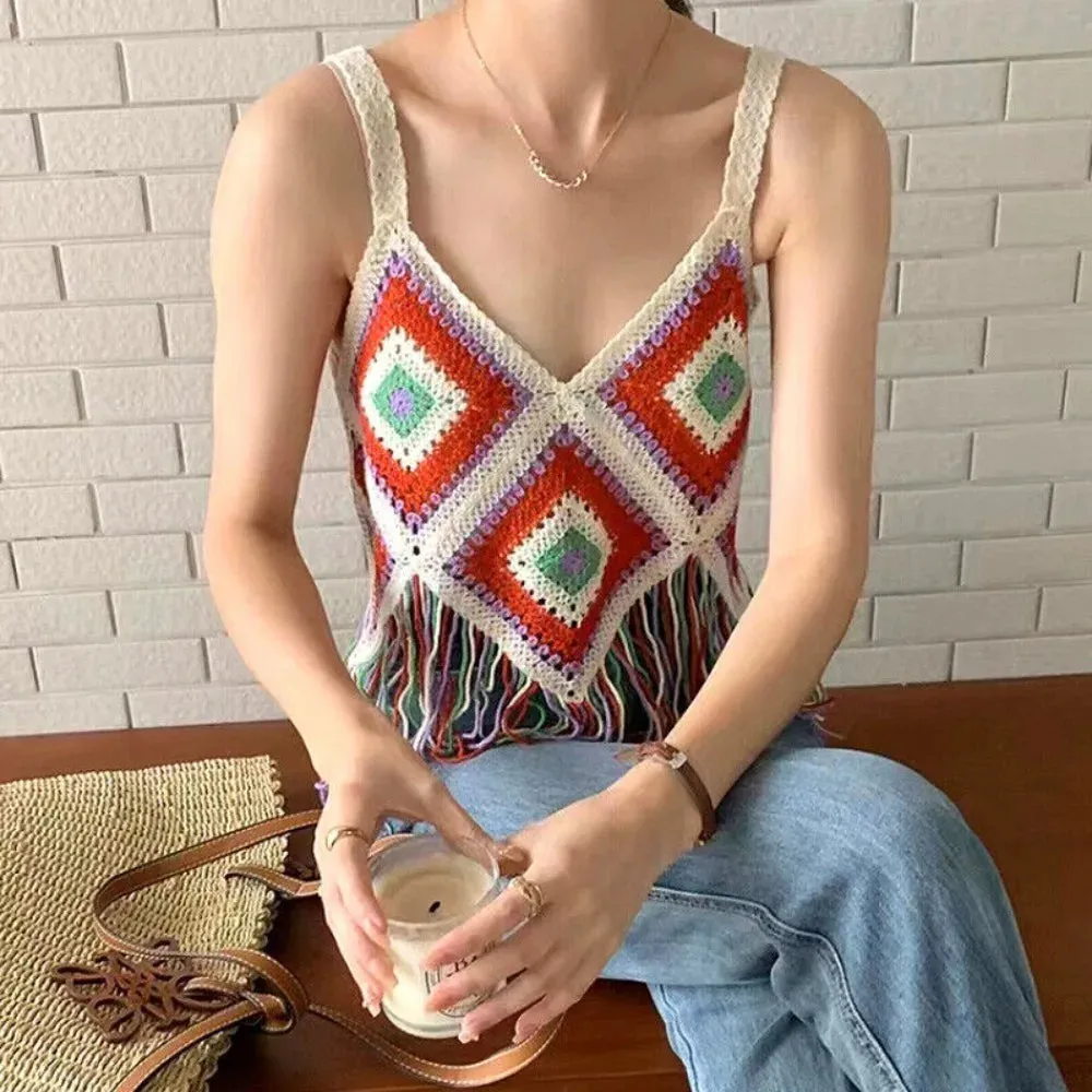 Cotton Crochet Camisole Exquisite Knitted Boho Crochet Tops Tassel Tank Women