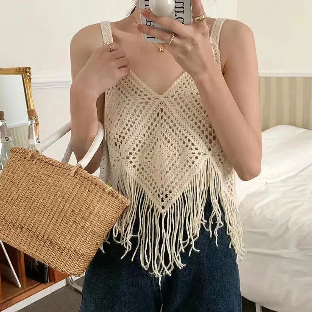 Cotton Crochet Camisole Exquisite Knitted Boho Crochet Tops Tassel Tank Women