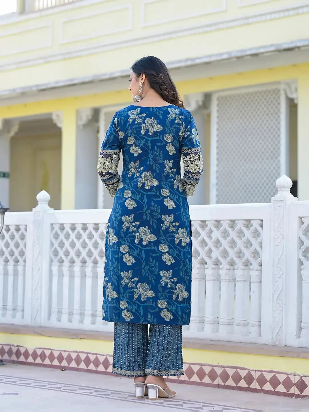 Cotton Printed Pakistani Navy Blue Kurta Dupatta Set With Lace Work