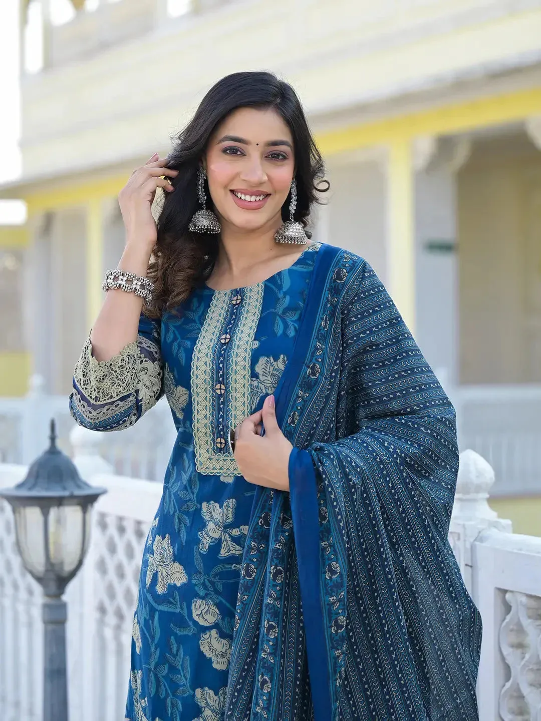 Cotton Printed Pakistani Navy Blue Kurta Dupatta Set With Lace Work