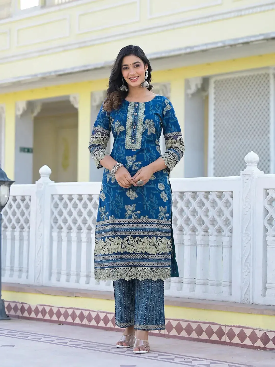 Cotton Printed Pakistani Navy Blue Kurta Dupatta Set With Lace Work