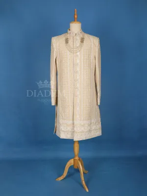 Cream Floral Designed Sherwani Suit