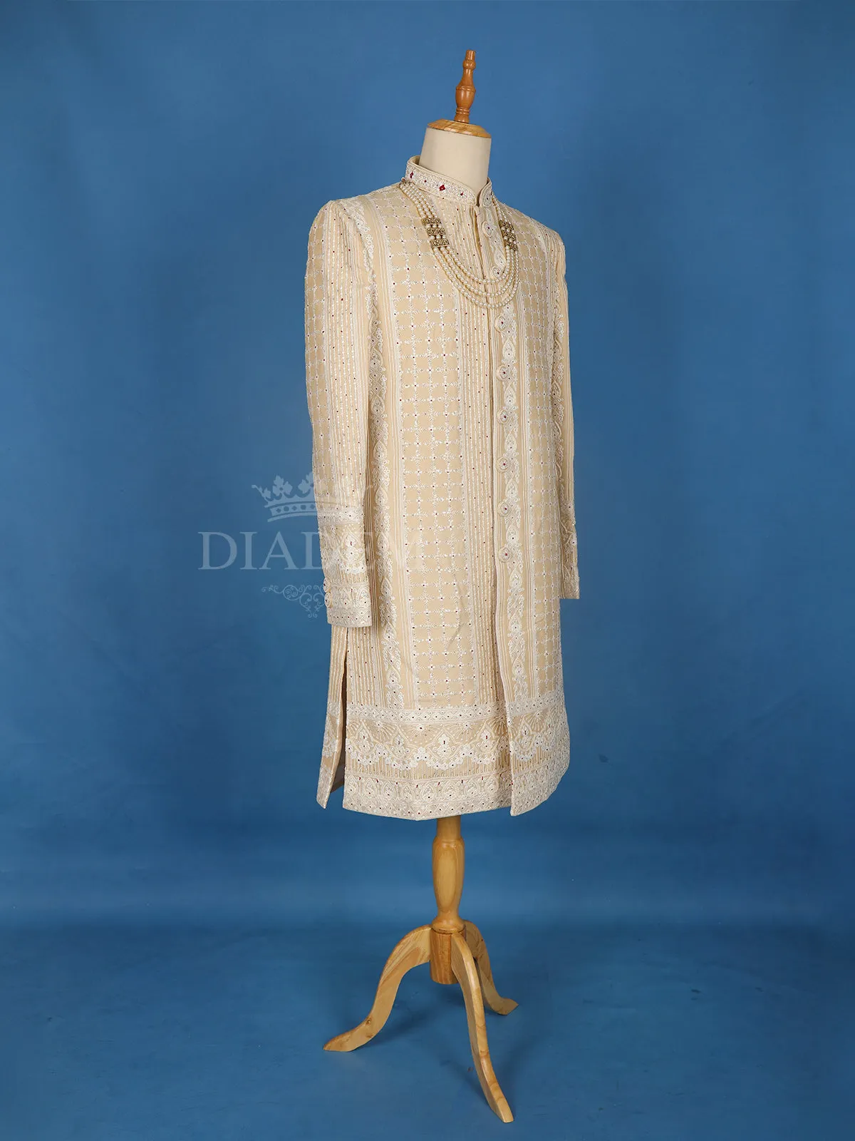 Cream Floral Designed Sherwani Suit