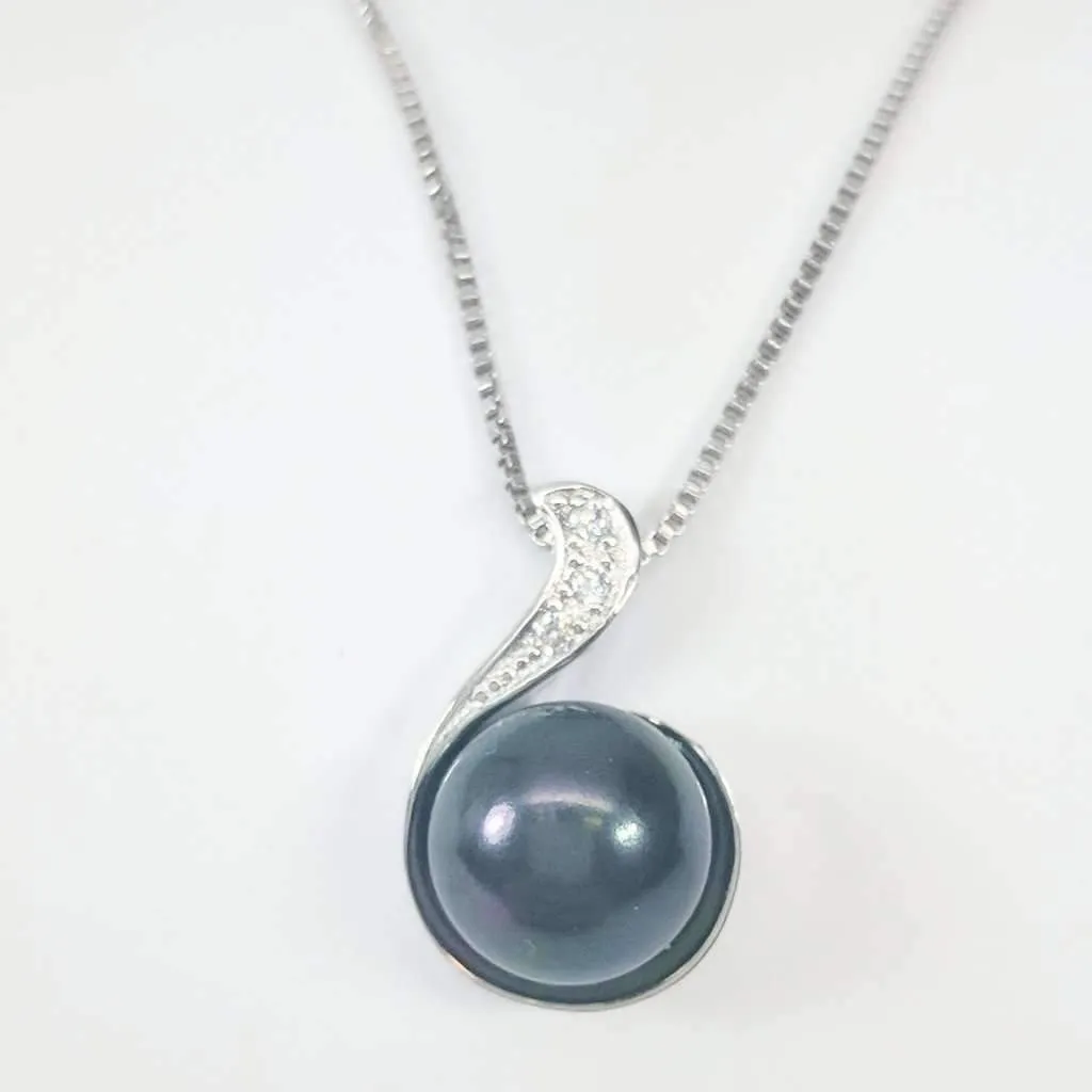 CZ Wave Tahitian Black Genuine Freshwater Pearl Necklace