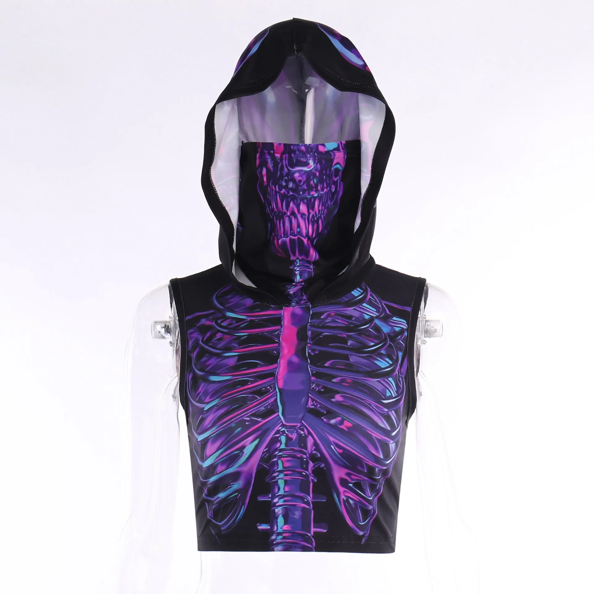 Dark Hipster Turtleneck Hooded Skull Print Vest Top For Women