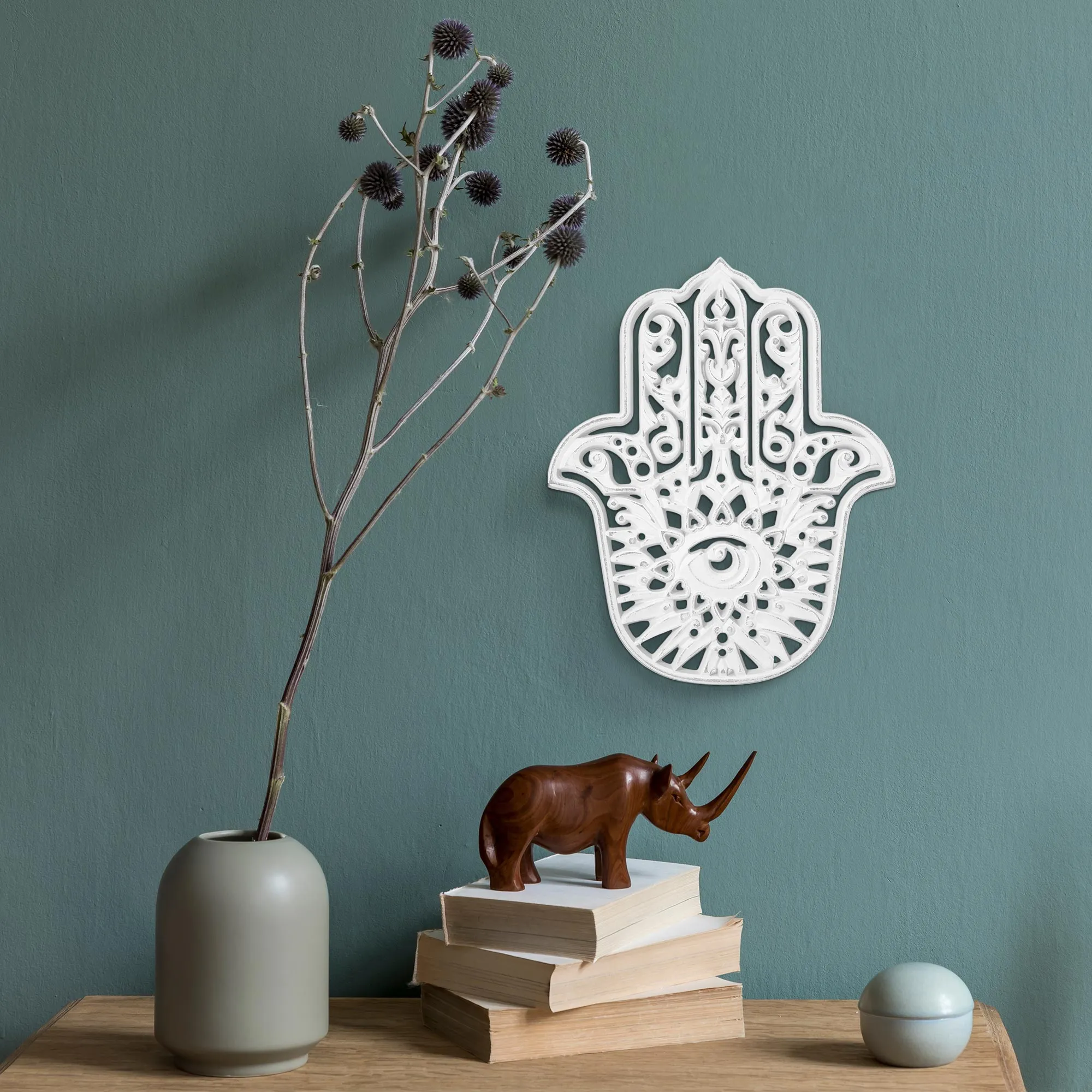 Distressed Hamsa Hand Palm Eye Medallion Boho Wall Accent - 9.5"x11.5"