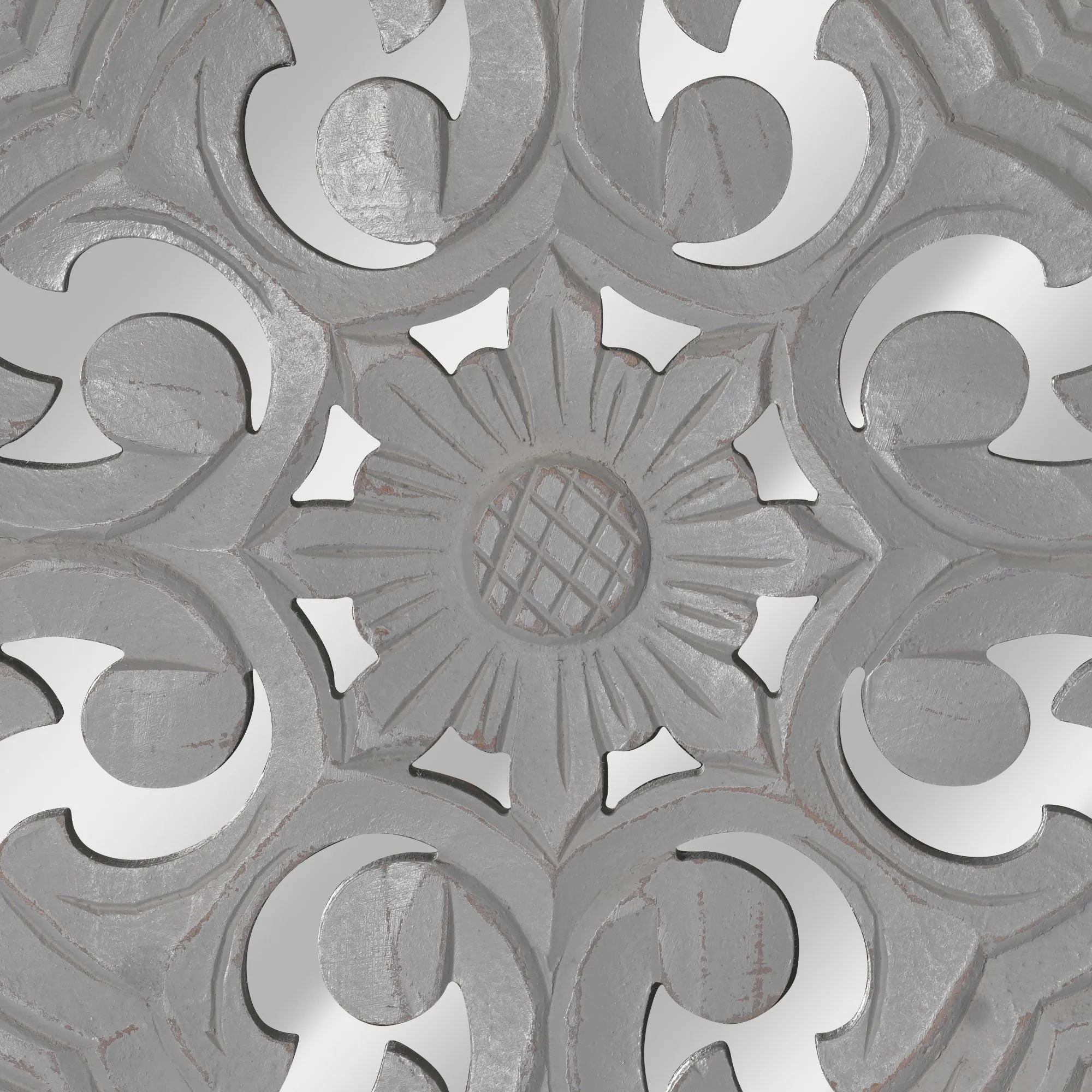 Distressed Reflective Grey Floral Wood Square Wall Medallion - 16"x16"