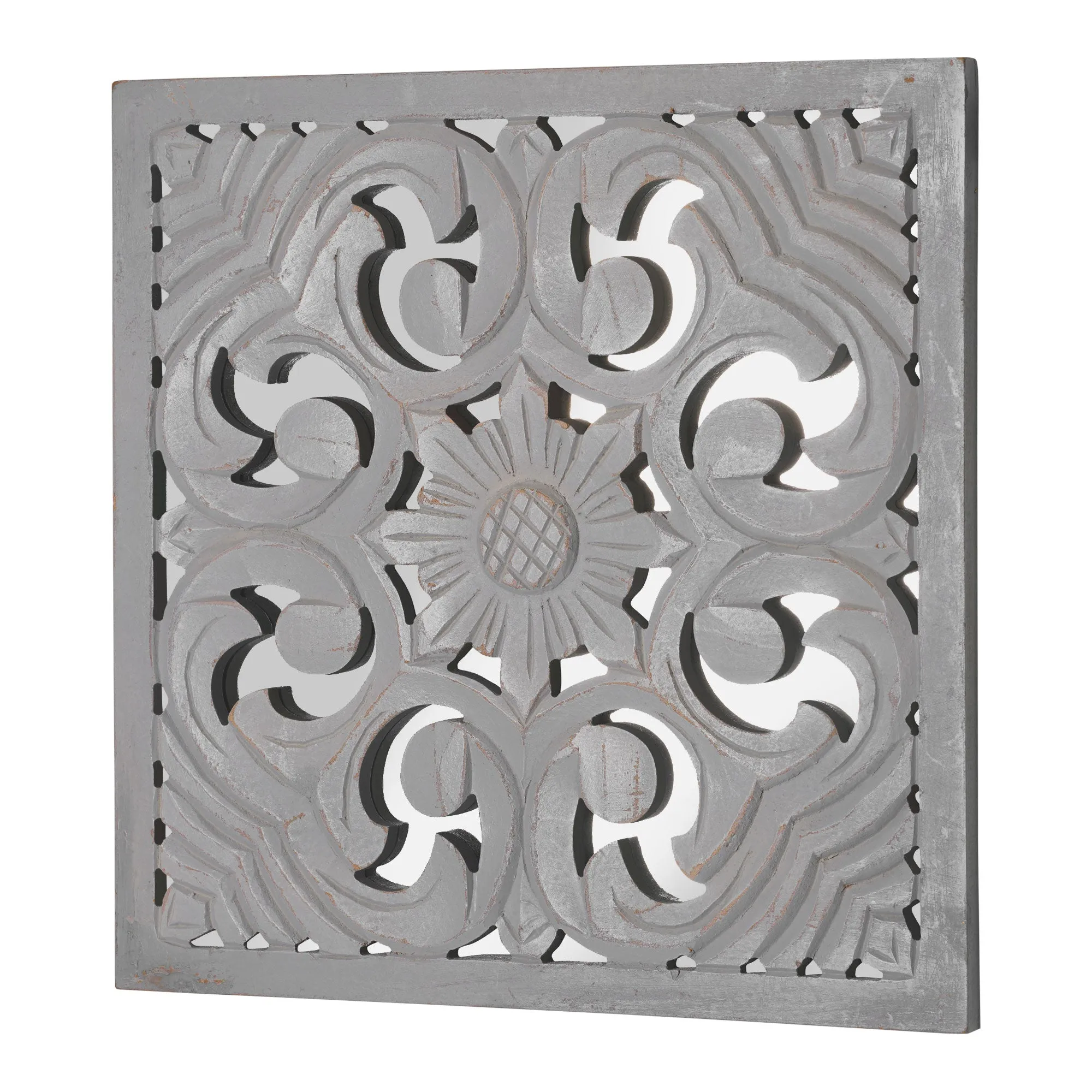 Distressed Reflective Grey Floral Wood Square Wall Medallion - 16"x16"