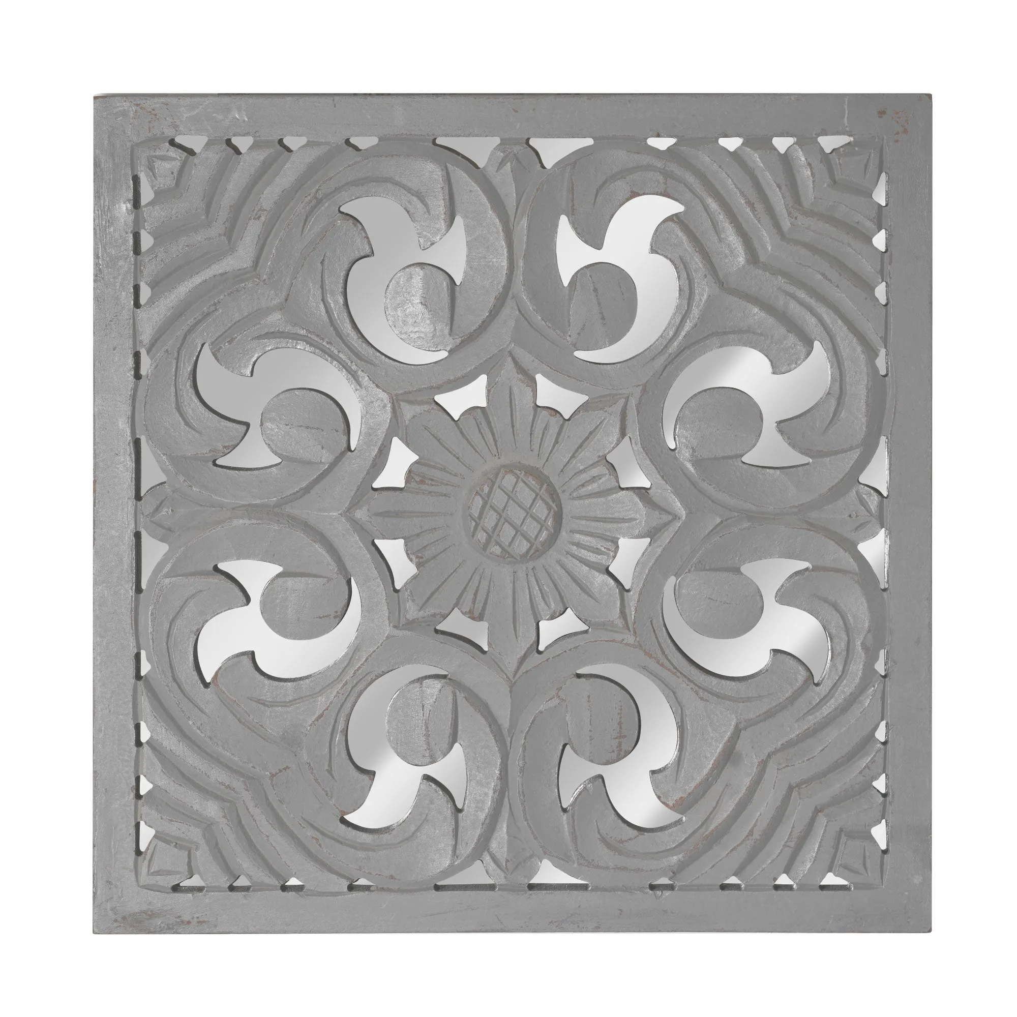 Distressed Reflective Grey Floral Wood Square Wall Medallion - 16"x16"