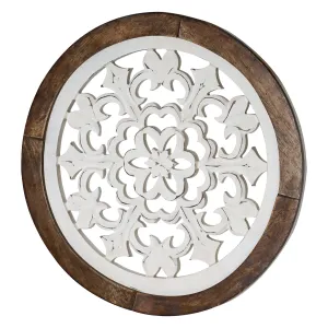 Distressed Wood Framed Round White Arabesque Wall Accent Medallion 16"