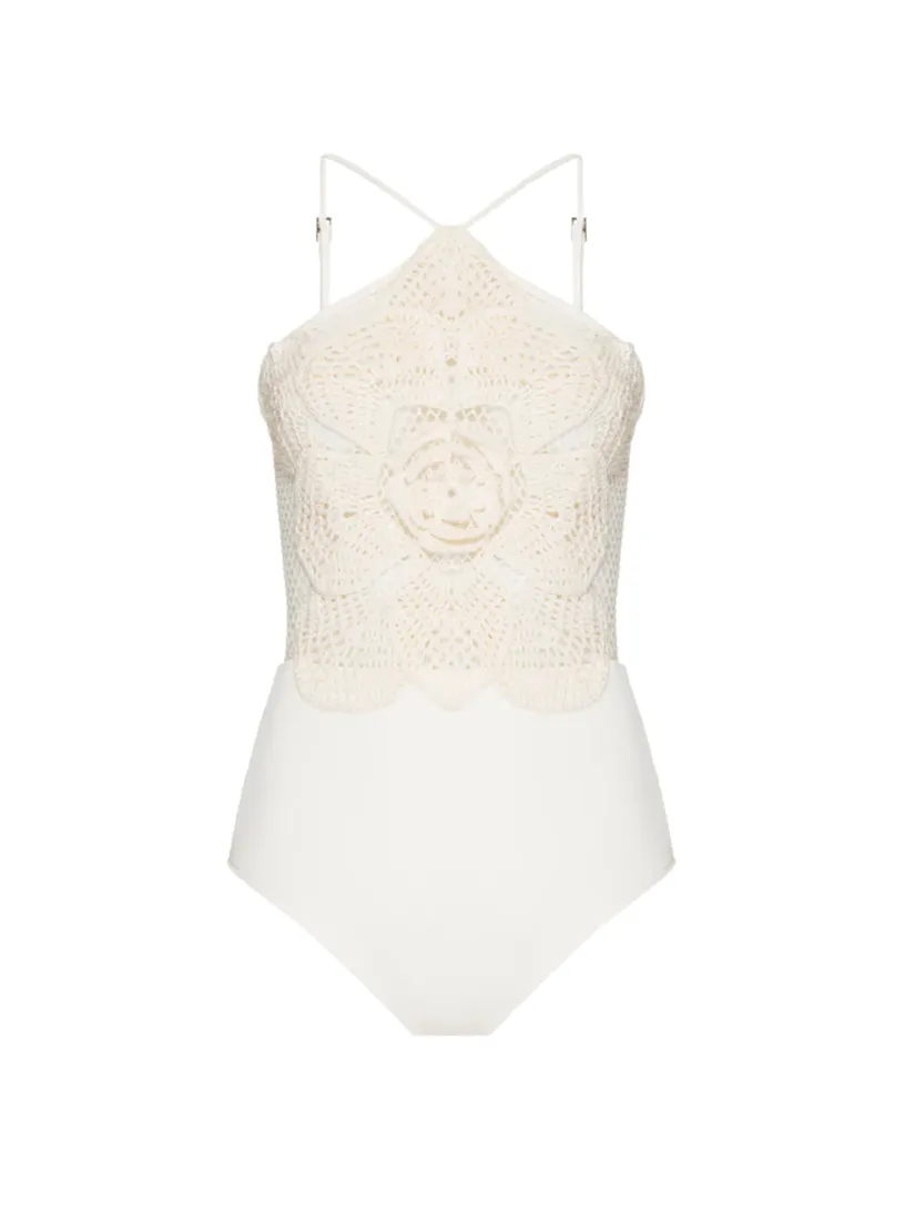 Embroidered Crochet Bodysuit Ivory