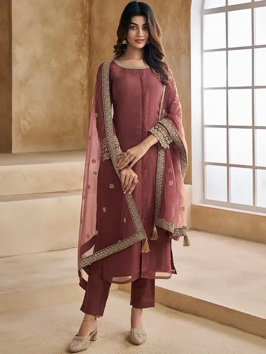 Embroidered Kurta with Trousers & Dupatta