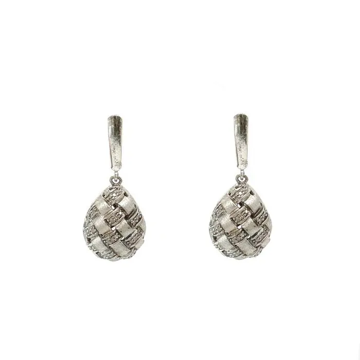 Estate Basketweave Drop Earrings with Diamonds in Sterling Silver