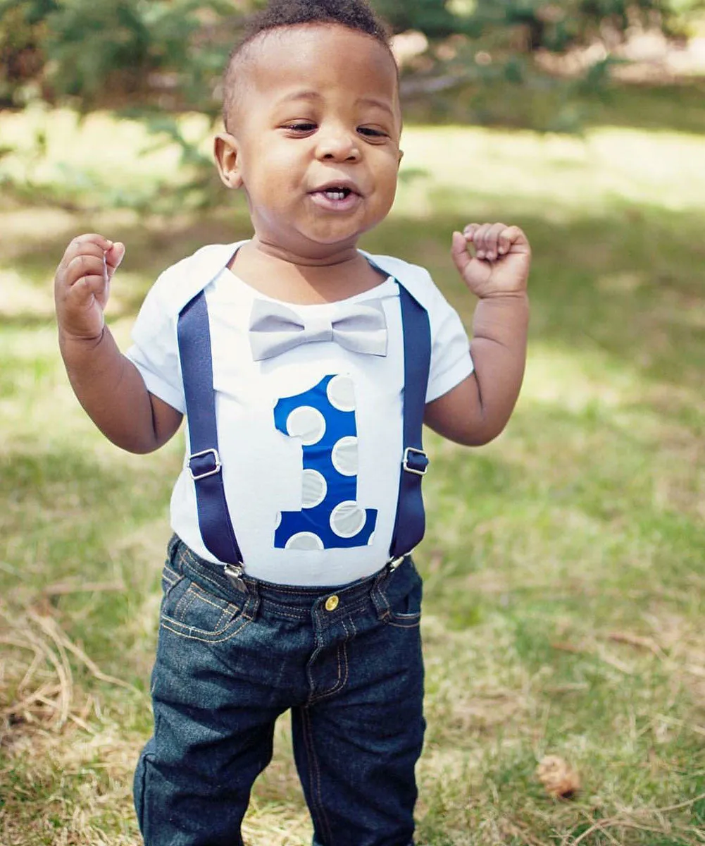 First Birthday Outfit Boy Black and Grey Dots Number One