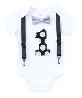 First Birthday Outfit Boy Black and Grey Dots Number One