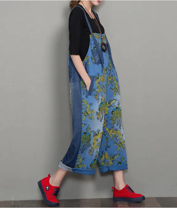 Floral Loose Denim Casual Spring Denim Overall Women Jumpsuits QYCQ34