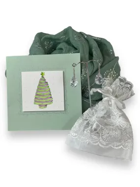 🎄Gift Pack - Green Silver Scarf w Crystal Earrings  Card