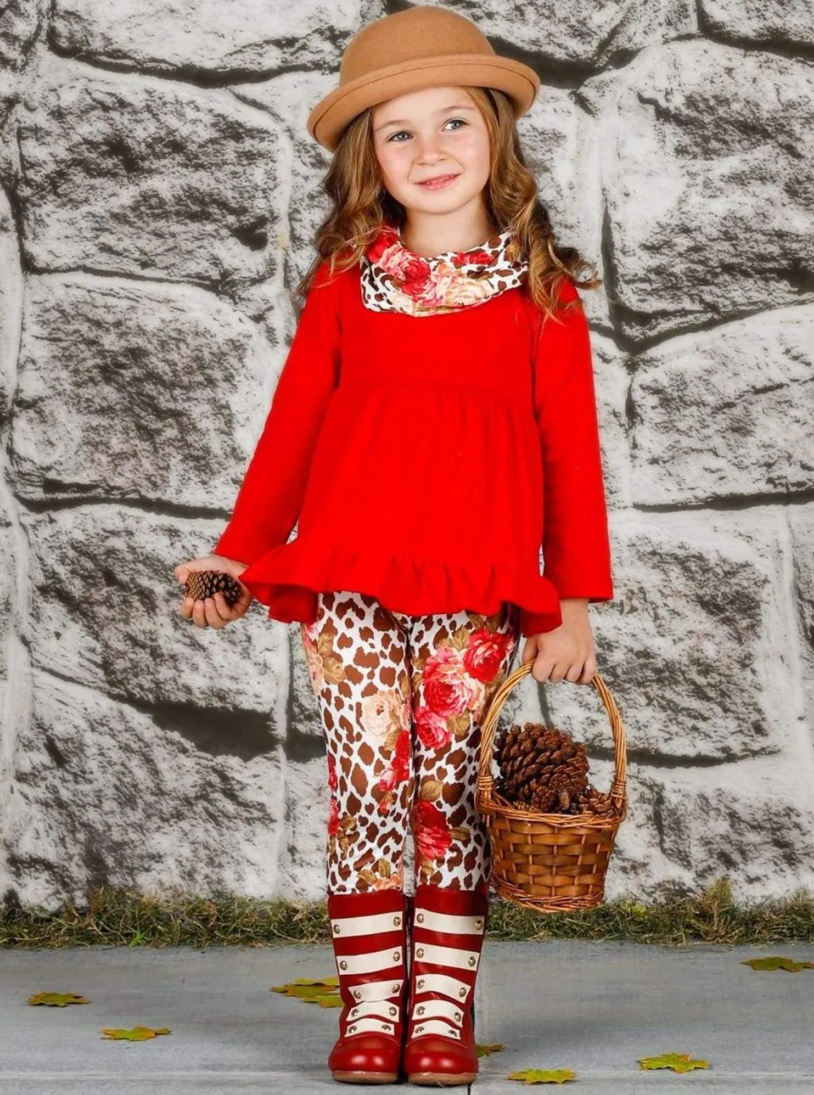 Girls Long Sleeve Ruffled Tunic, Animal Floral Print Leggings And Scarf Set