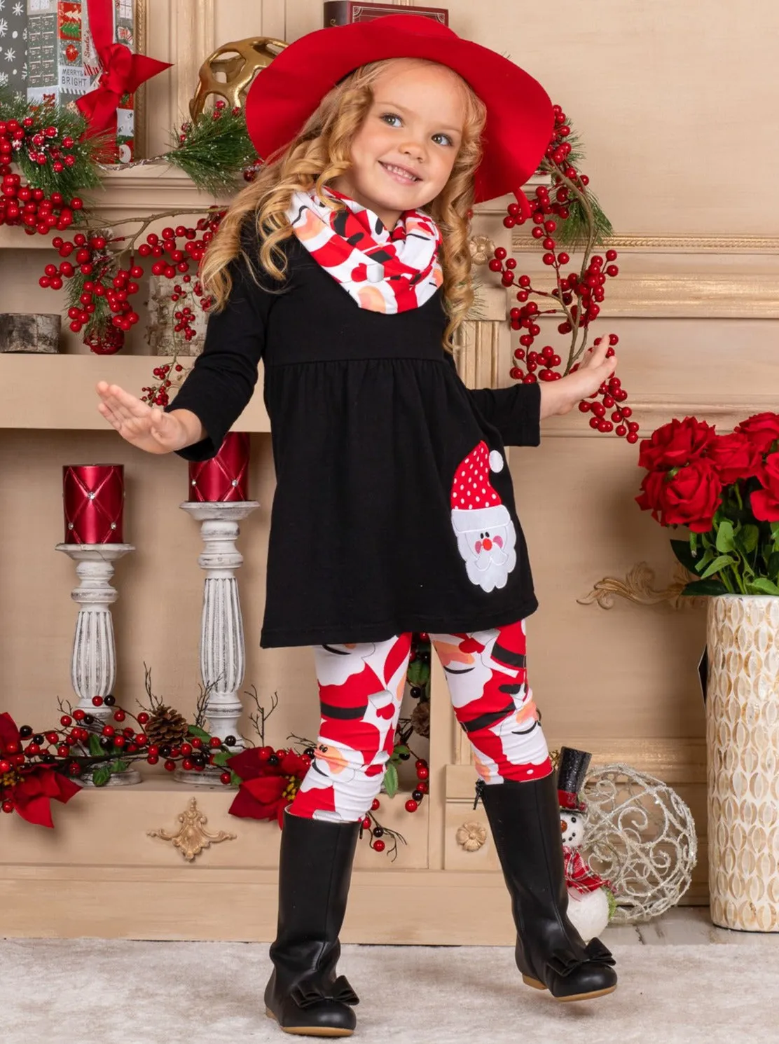 Girls Long Sleeve Santa Applique Tunic, Christmas Leggings And Scarf Set