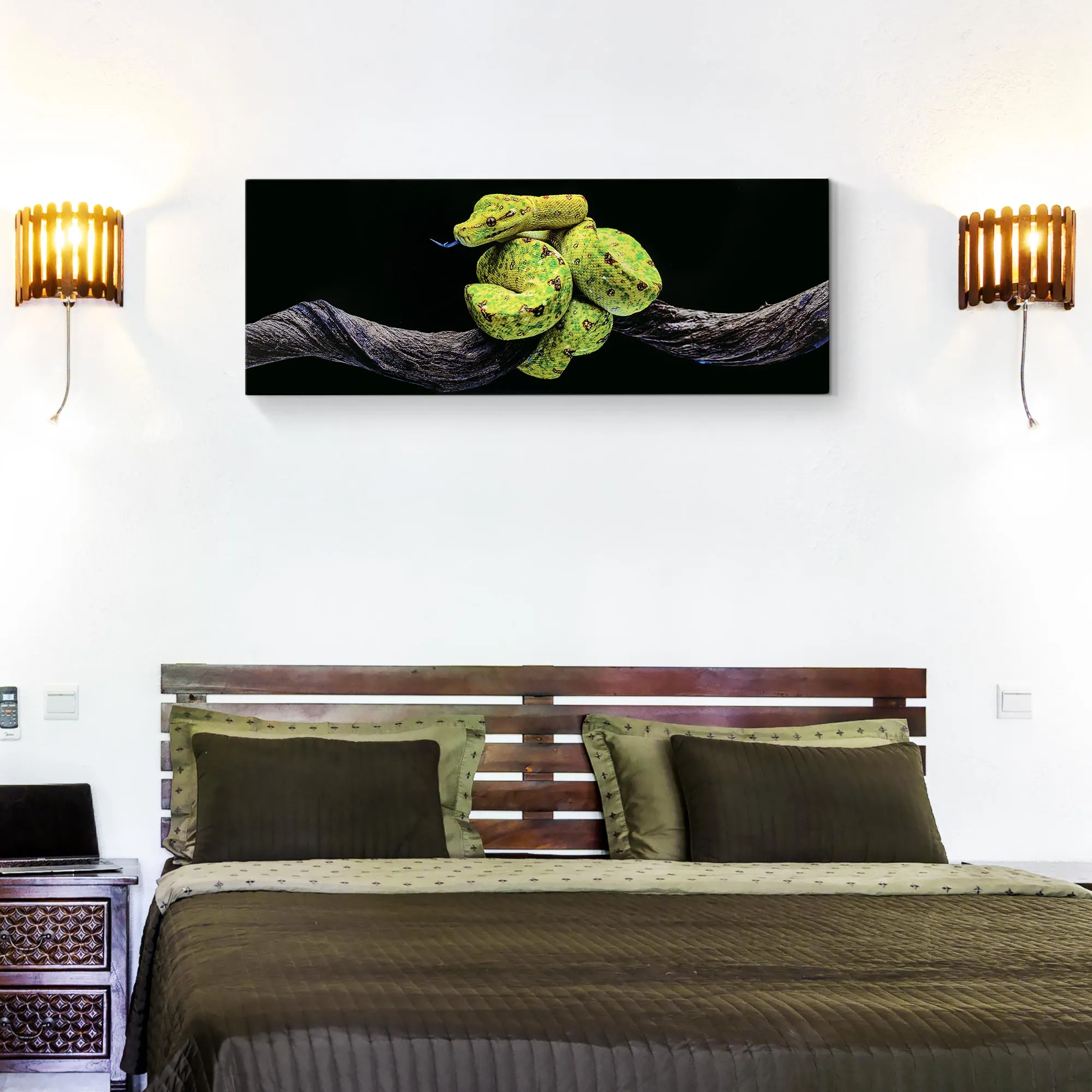 Green Tree Snake Glossy Lacquer Canvas Wall Art Print Panel, 48" x 18"