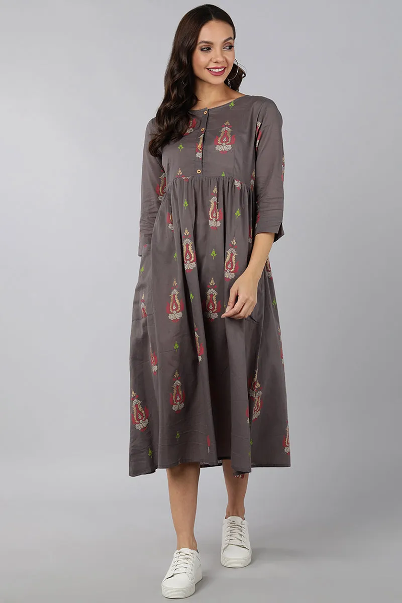 Grey Cotton Ethnic Motifs Midi Dress