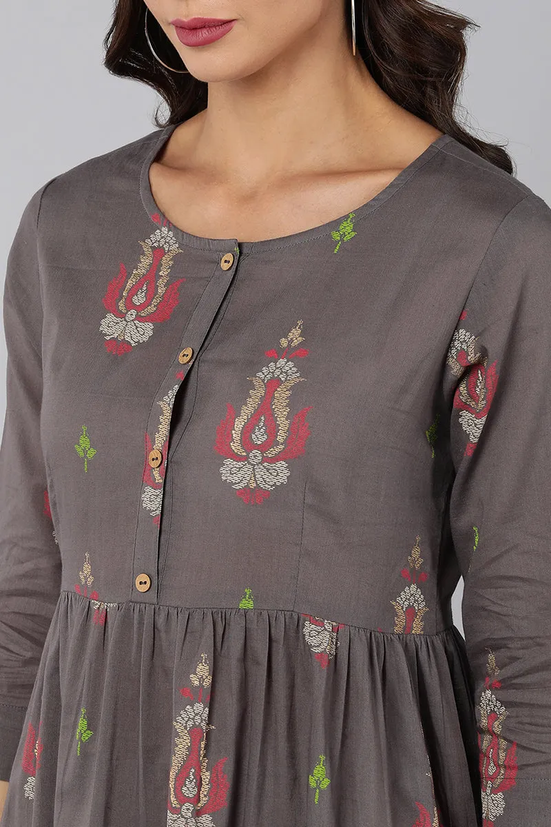 Grey Cotton Ethnic Motifs Midi Dress