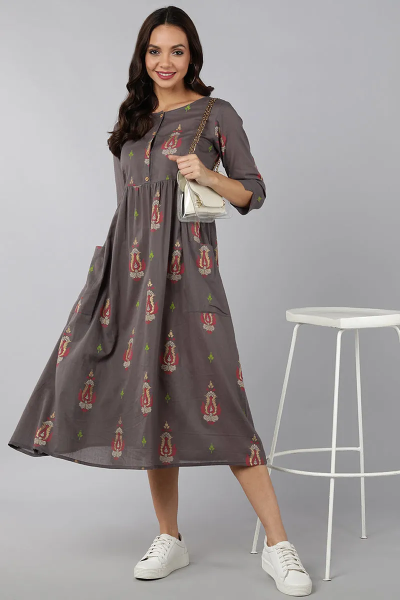 Grey Cotton Ethnic Motifs Midi Dress