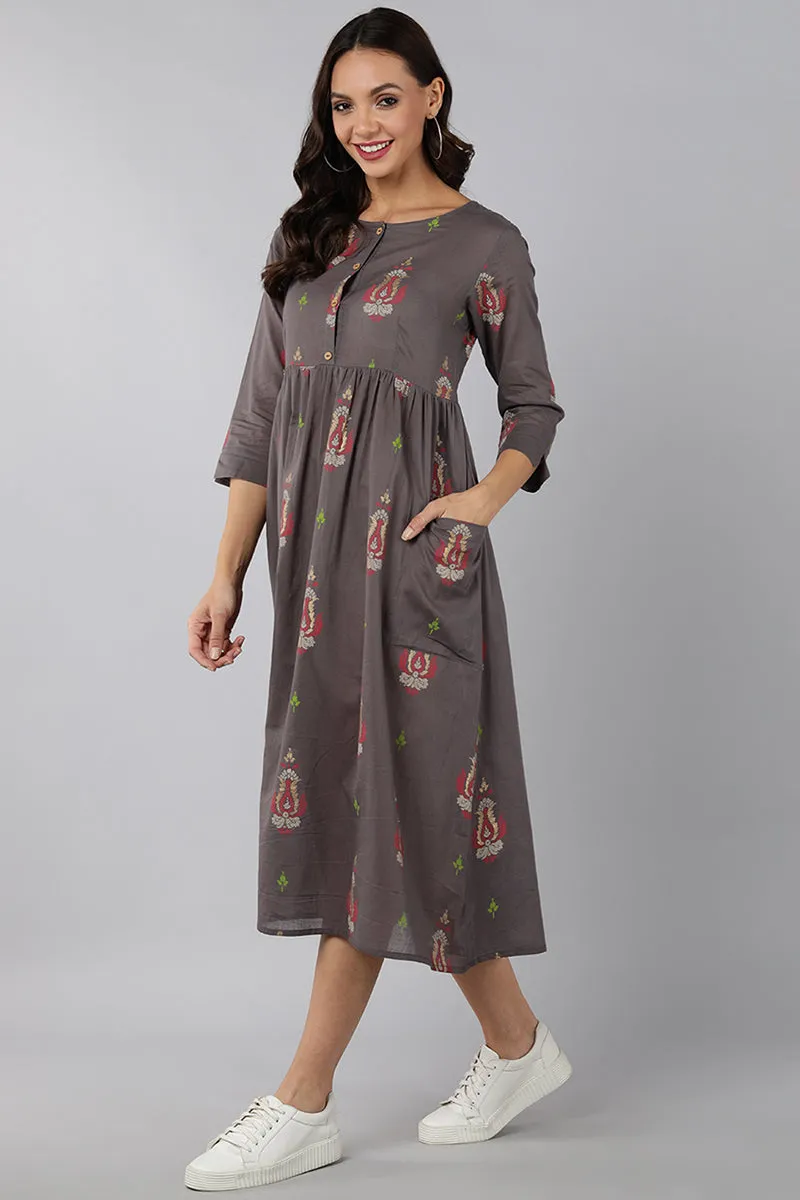 Grey Cotton Ethnic Motifs Midi Dress