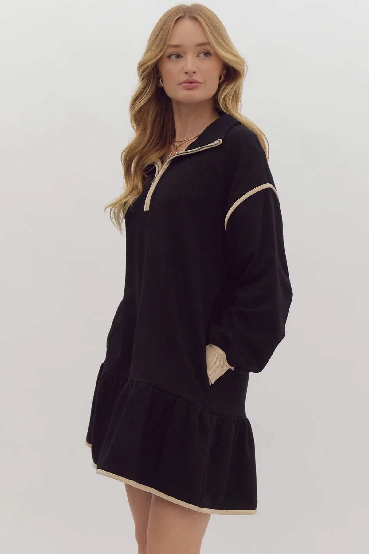 Half Zip Collared Dress- Black