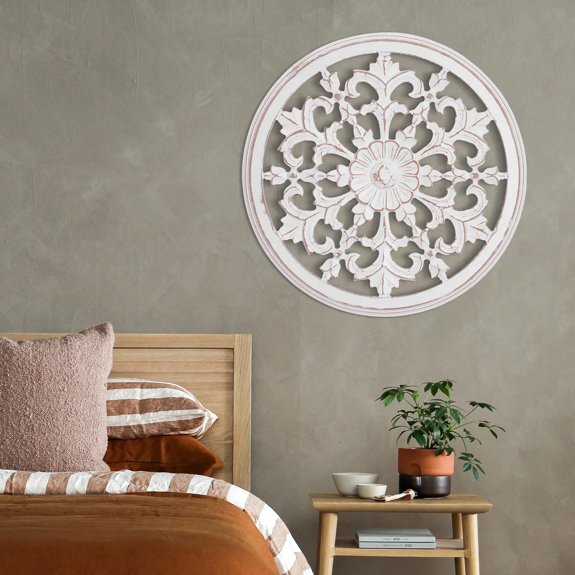 Hand-Carved Floral Latticework Circle Wood Wall Medallion - White (16")