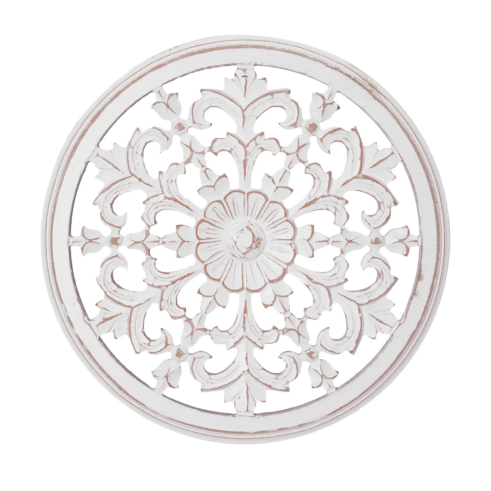 Hand-Carved Floral Latticework Circle Wood Wall Medallion - White (16")