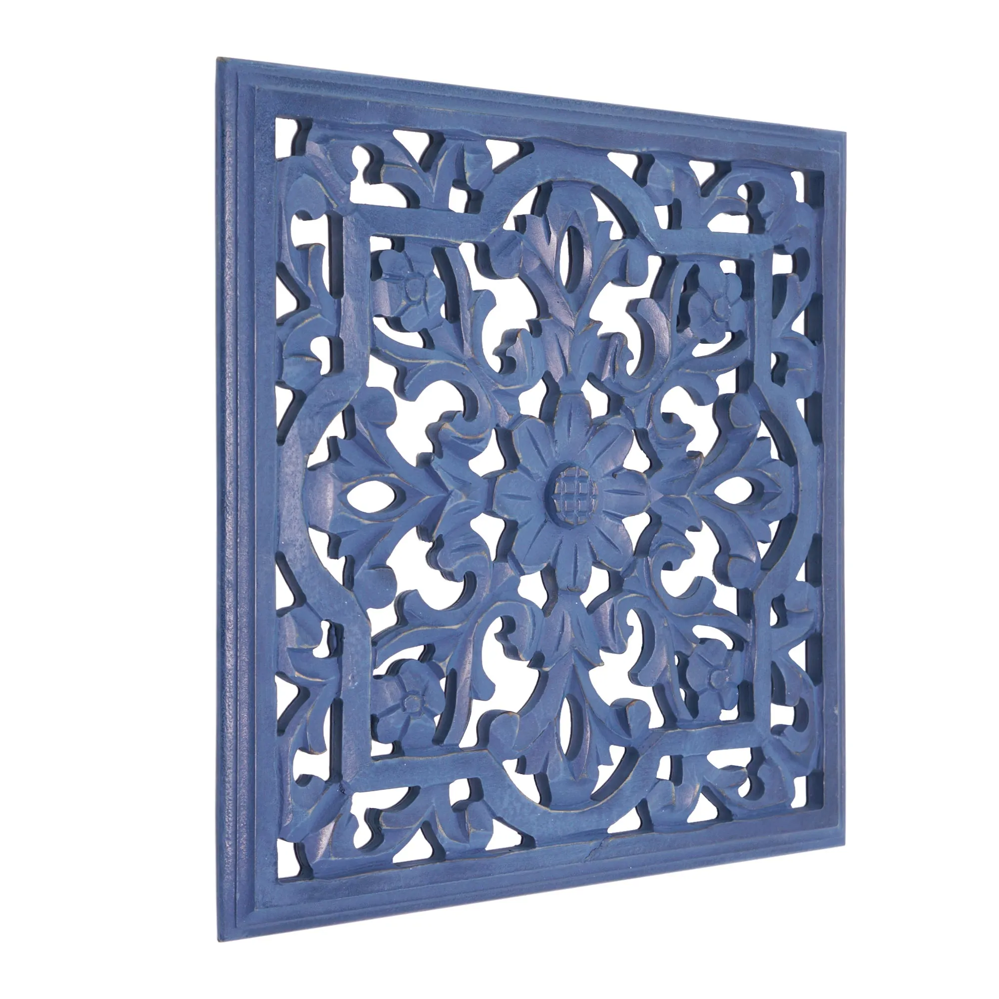 Hand-Carved Latticework Square Wood Wall Medallion - Dark Blue (16")