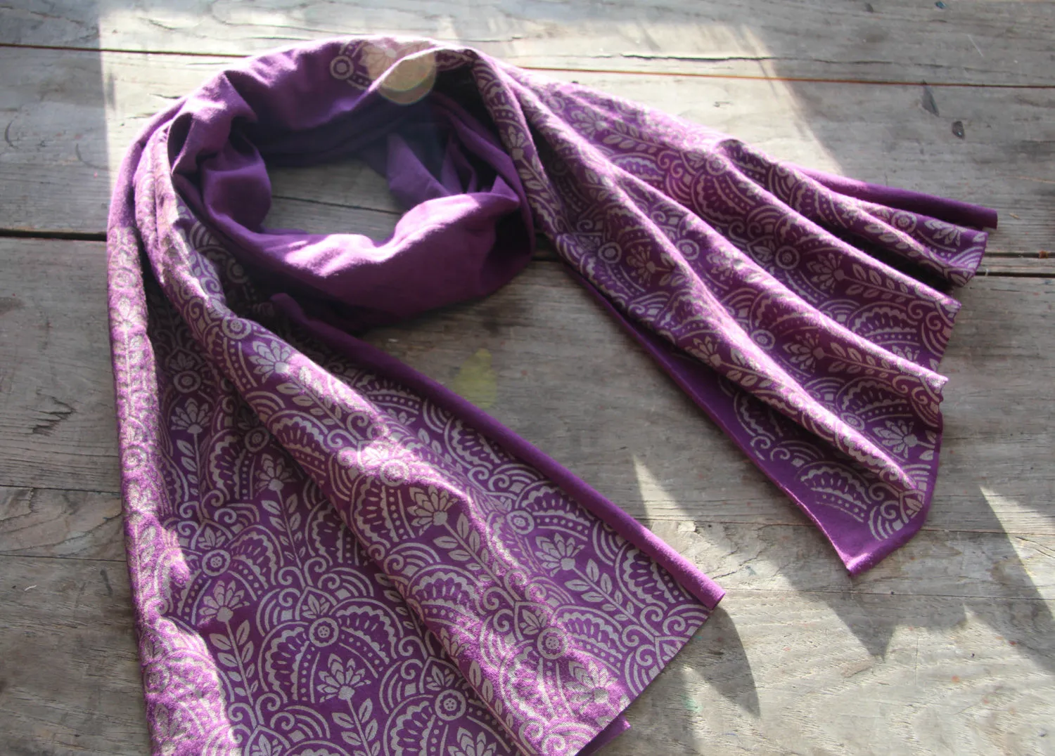 Hand-Printed Scarf - Purple and Gold Deco Pattern - Handmade Scarf - Eco-Friendly Bamboo Scarf