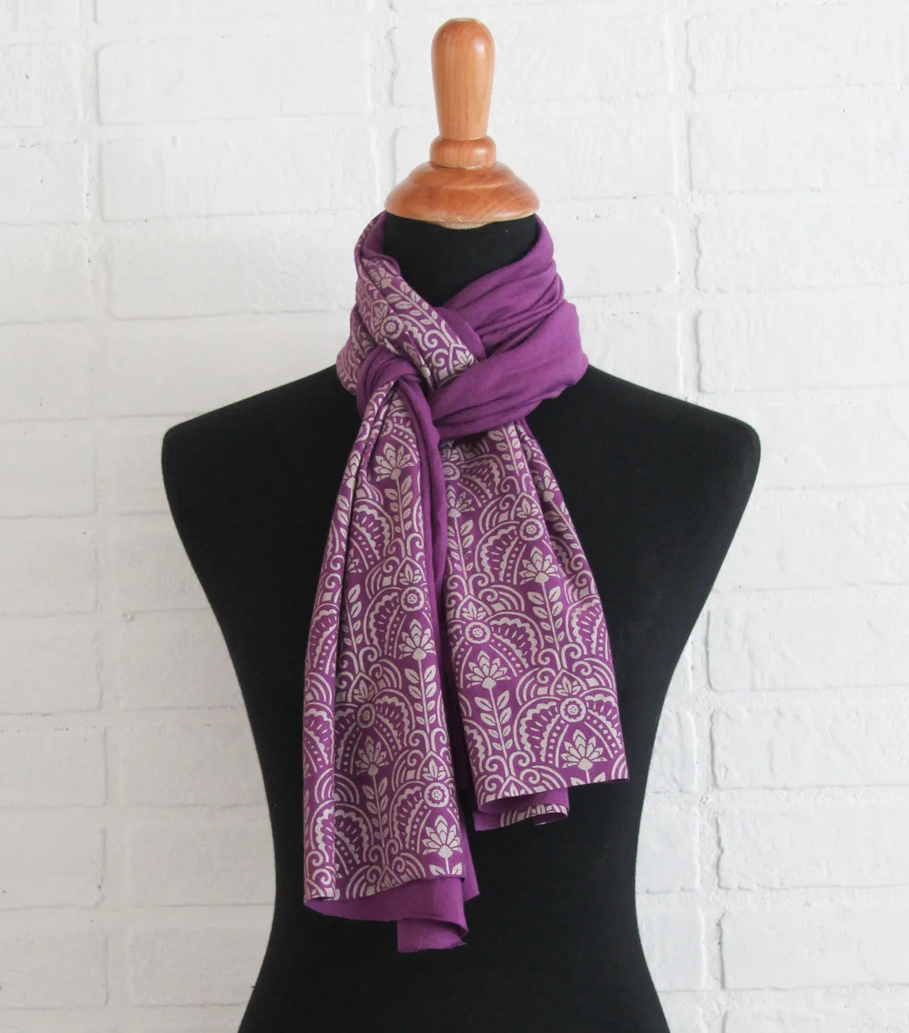 Hand-Printed Scarf - Purple and Gold Deco Pattern - Handmade Scarf - Eco-Friendly Bamboo Scarf