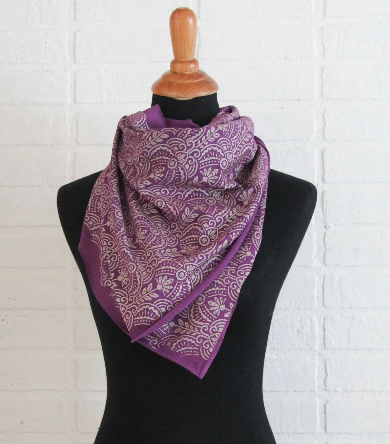 Hand-Printed Scarf - Purple and Gold Deco Pattern - Handmade Scarf - Eco-Friendly Bamboo Scarf