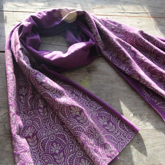 Hand-Printed Scarf - Purple and Gold Deco Pattern - Handmade Scarf - Eco-Friendly Bamboo Scarf